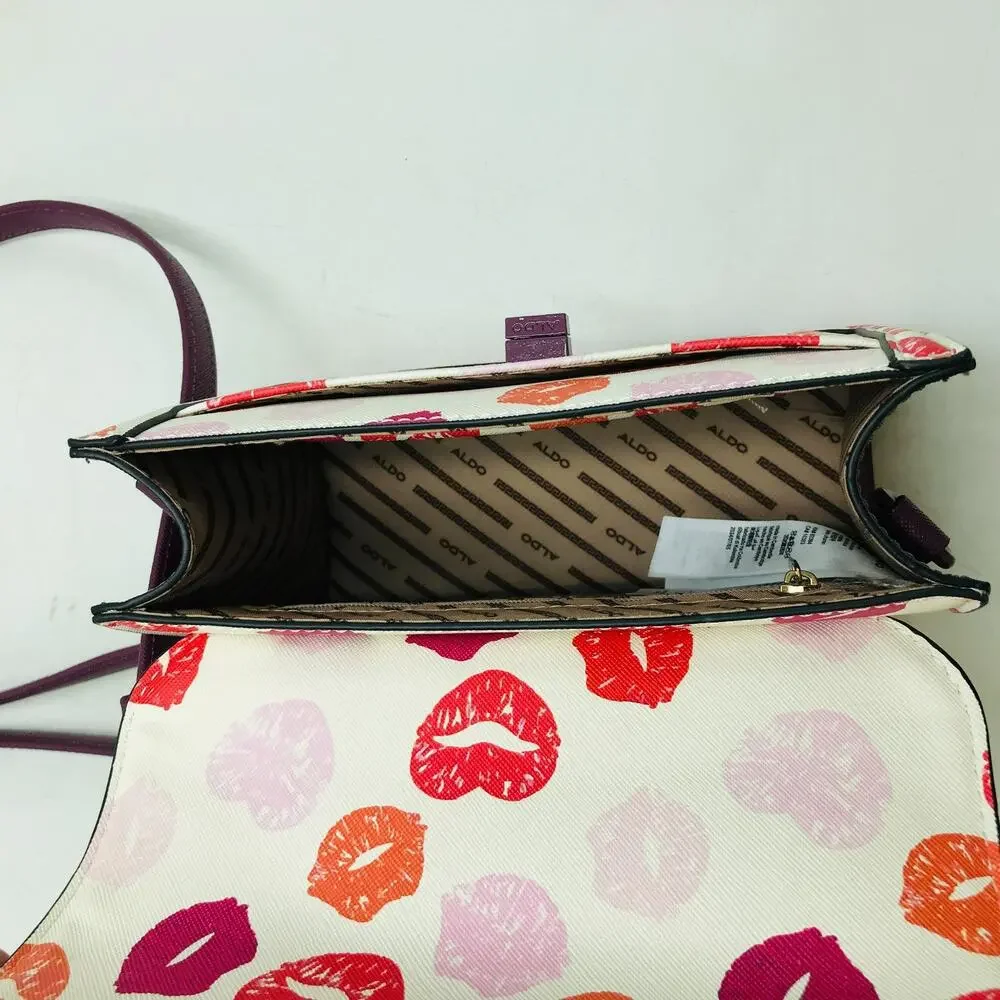 Aldo Valentine's Multicolor Lipstick Kisses Small Satchel Handbag Purple Flaw